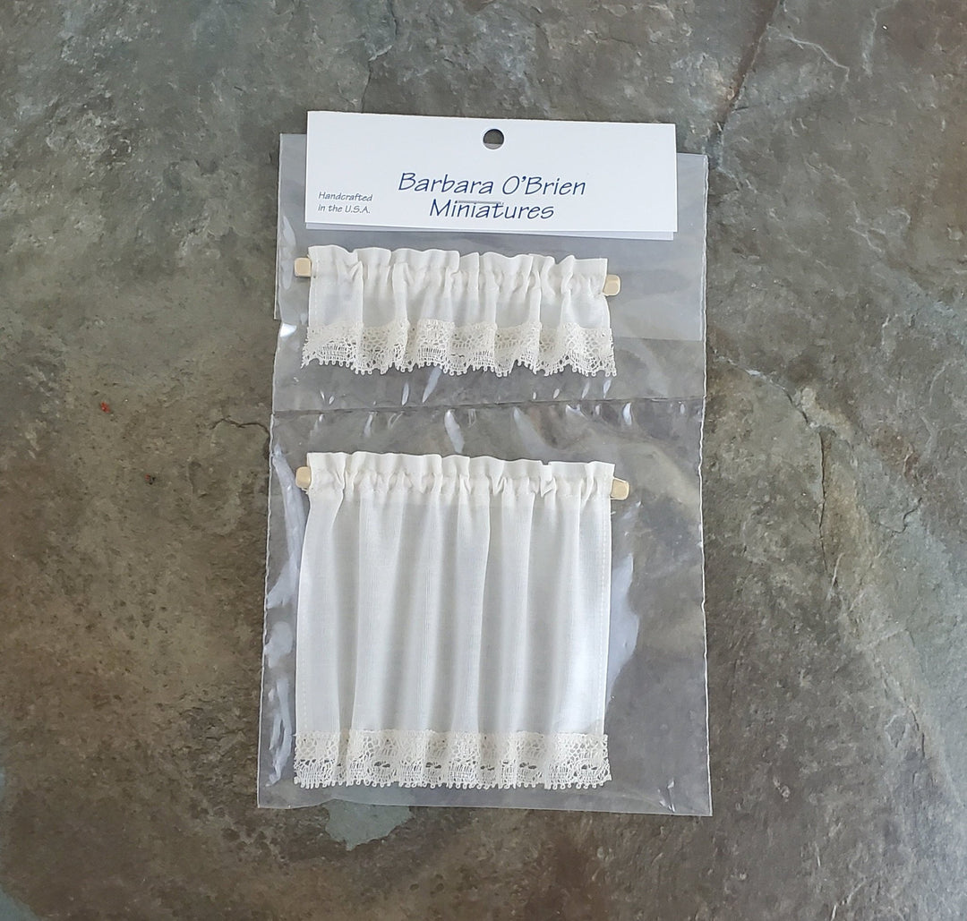 Dollhouse Miniature Curtains & Valance White with Lace Curtain Rod 1:12 Scale - Miniature Crush