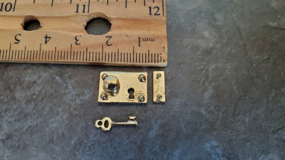 Dollhouse Miniature Door Knob Plate Lock Set with Key Gold 1:12 Scale Large - Miniature Crush