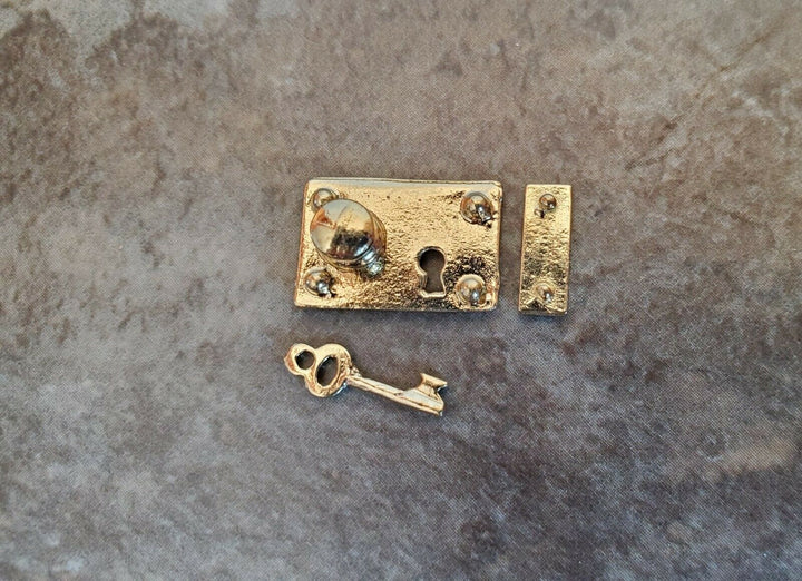 Dollhouse Miniature Door Knob Plate Lock Set with Key Gold 1:12 Scale Large - Miniature Crush