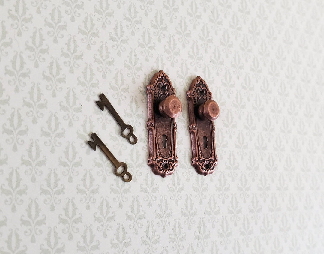 Dollhouse Miniature Doorknobs Fancy Bronze 1 Set with Keyhole 1:12 Scale - Miniature Crush
