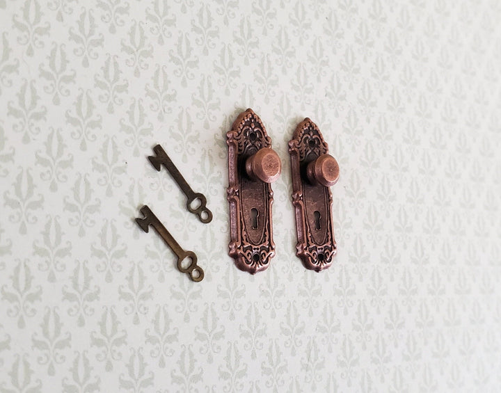 Dollhouse Miniature Doorknobs Fancy Bronze 1 Set with Keyhole 1:12 Scale - Miniature Crush