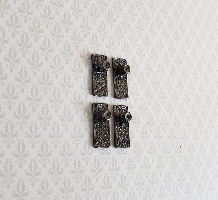 Dollhouse Miniature Doorknobs with Plate Dark Pewter Fancy Set 1:12 Scale - Miniature Crush