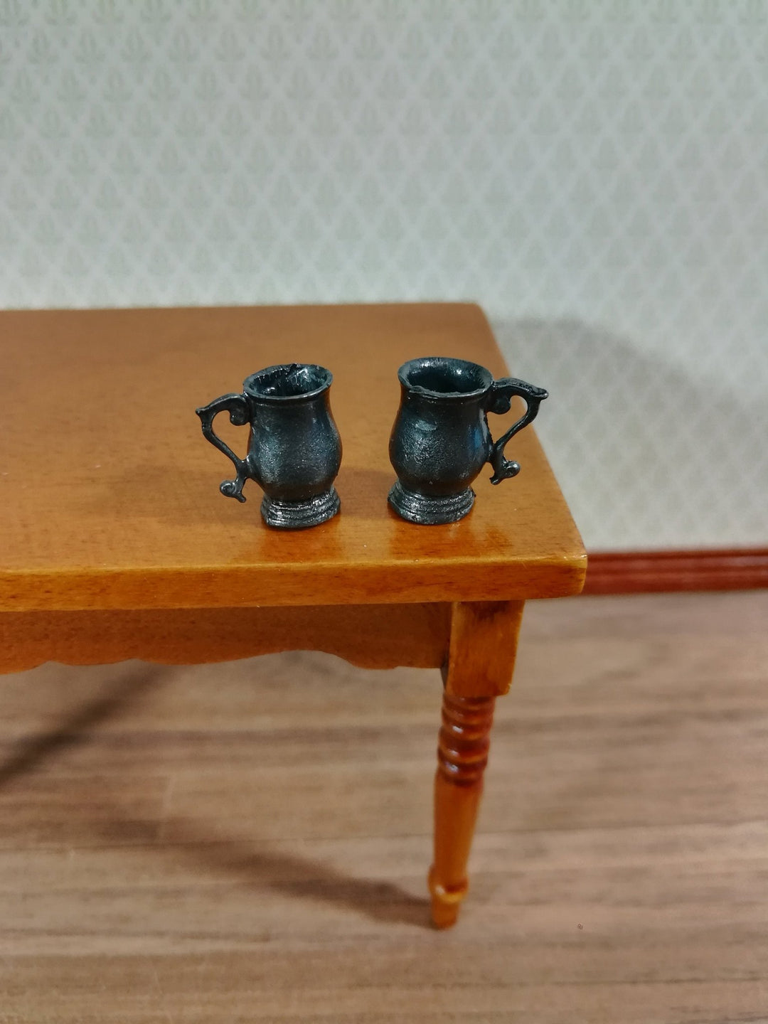 Dollhouse Miniature Fancy Metal Tankard Mugs 1:12 Scale Set of 2 Vintage Style - Miniature Crush
