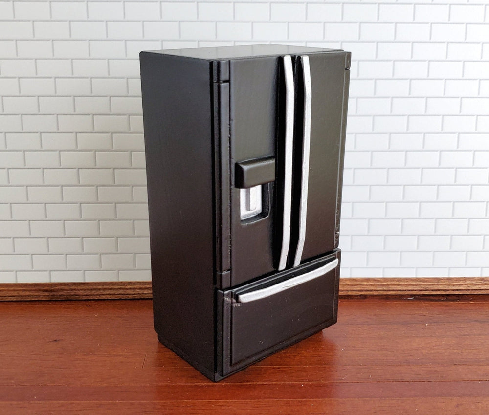 Dollhouse Miniature Fridge Modern Refrigerator Black 1:12 Scale Wood Furniture - Miniature Crush