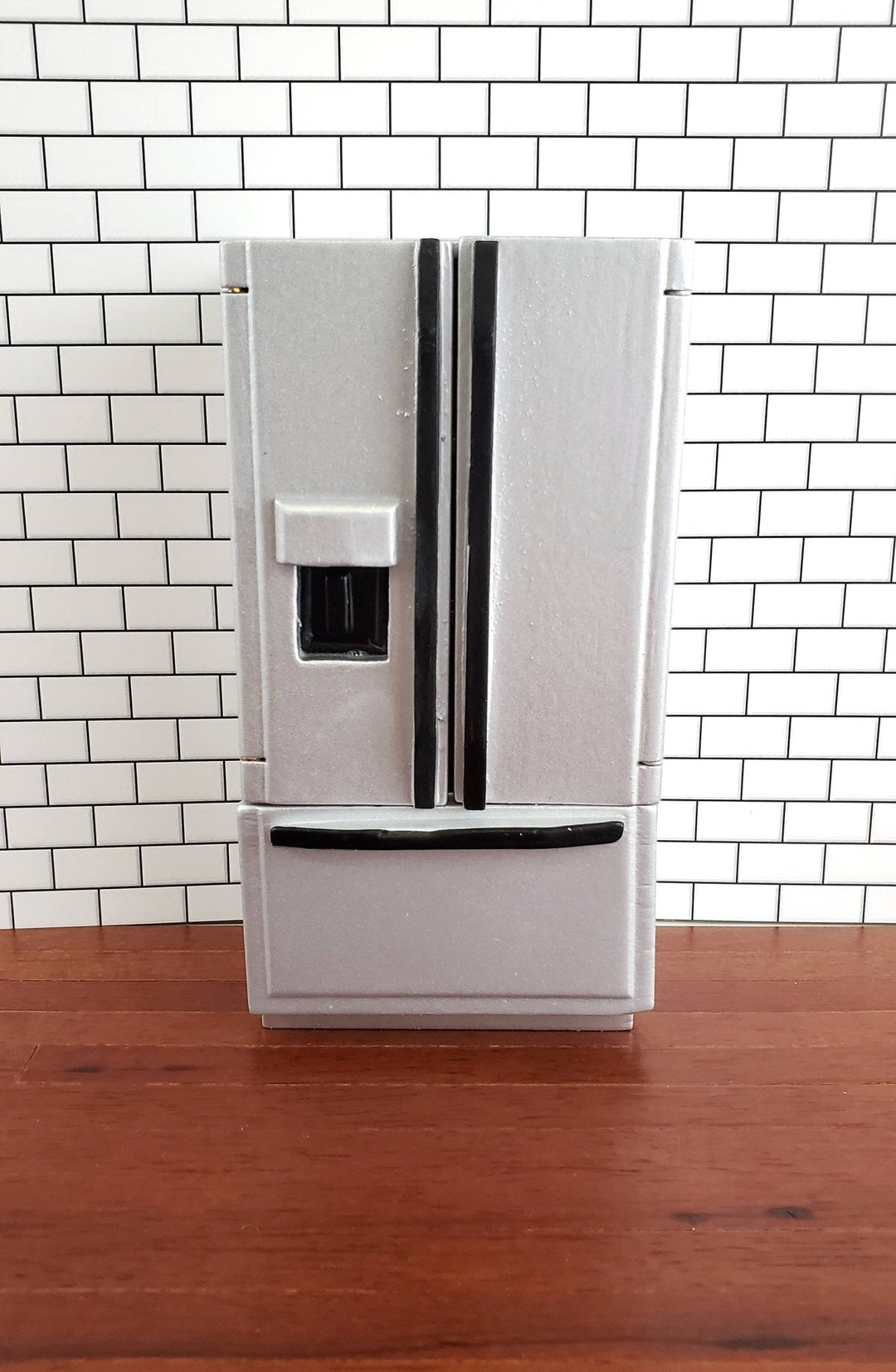 Dollhouse Miniature Fridge Modern Refrigerator Silver Black 1:12 Scale Wood Furniture - Miniature Crush