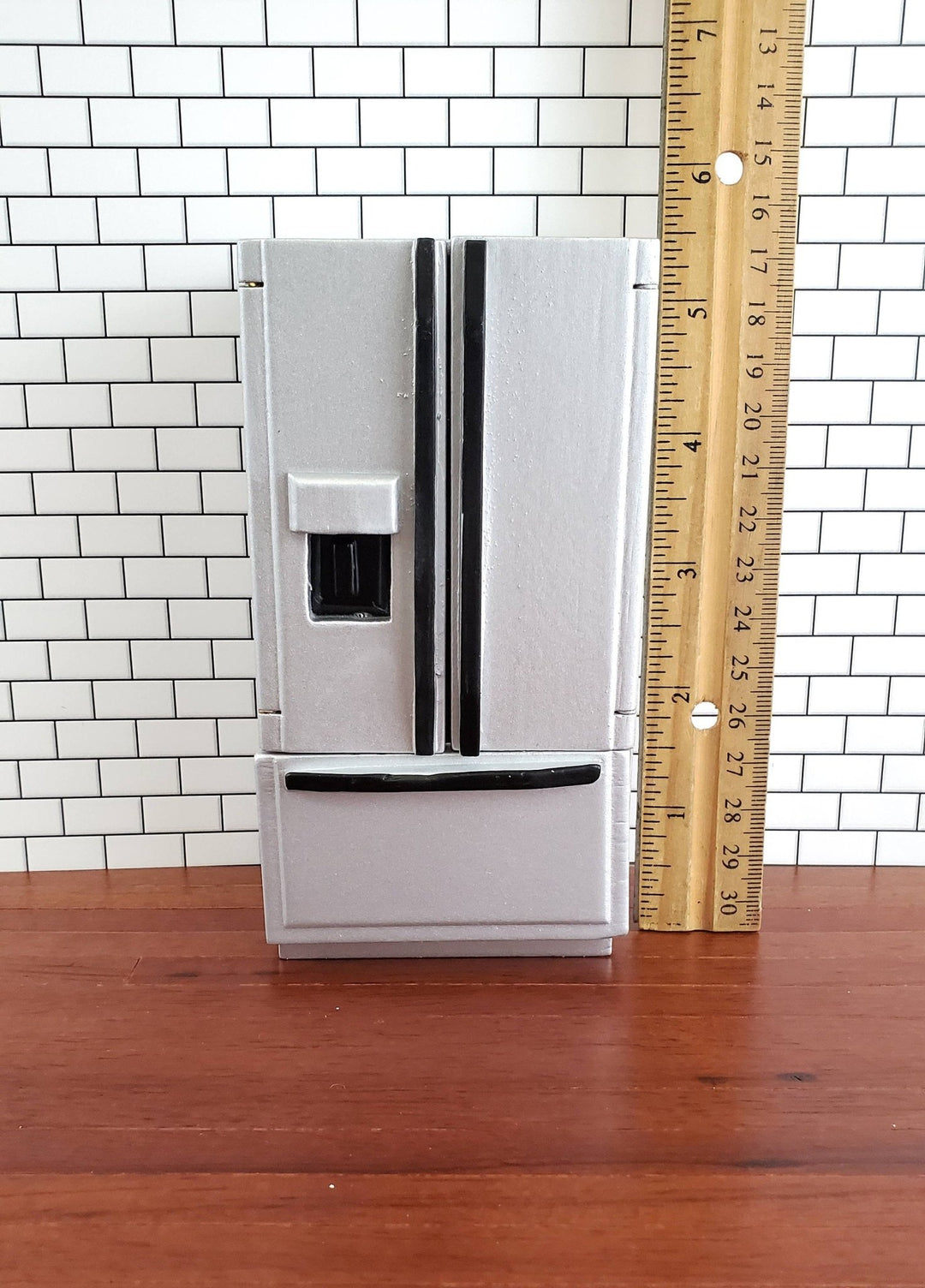 Dollhouse Miniature Fridge Modern Refrigerator Silver Black 1:12 Scale Wood Furniture - Miniature Crush