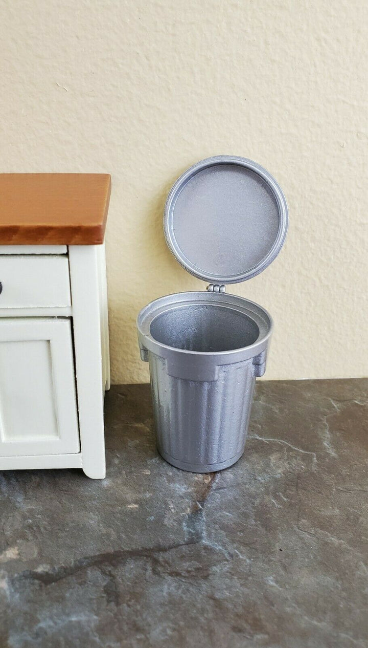 Dollhouse Miniature Garbage Can Waste Paper Baskets Metal Opening Lid 1:12 Scale - Miniature Crush
