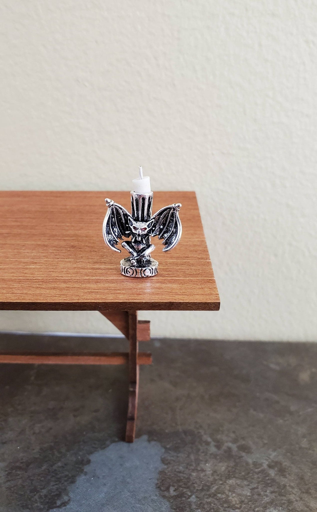 Dollhouse Miniature Gargoyle Bat Candle Holder Silver Finish Metal 1:12 Scale - Miniature Crush
