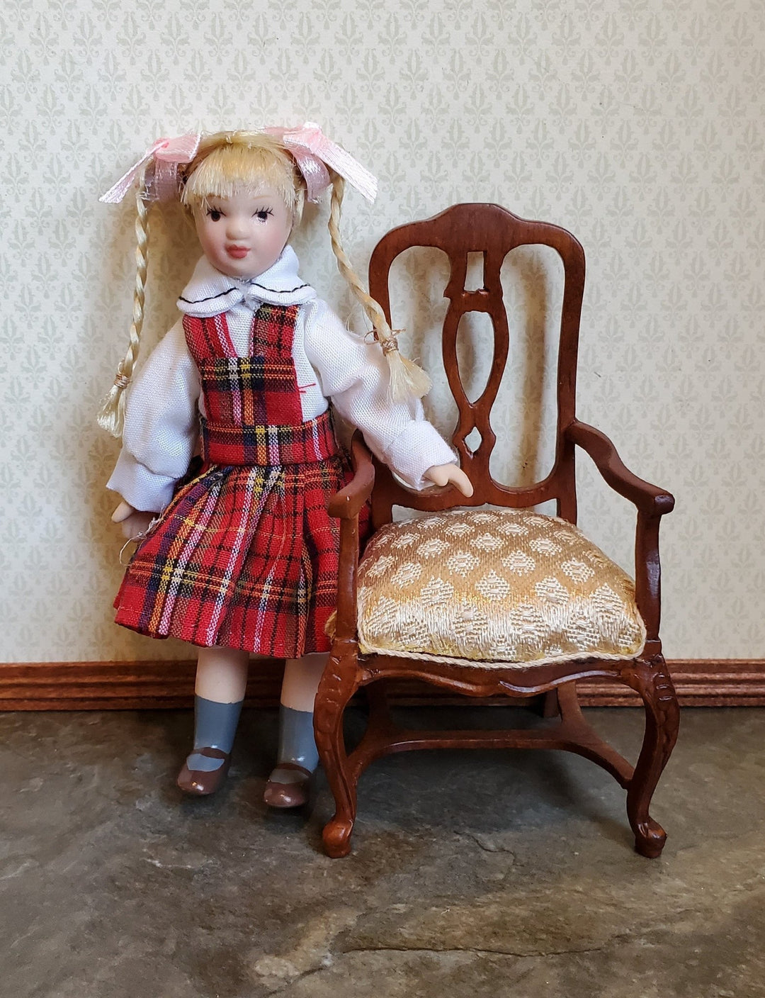 Dollhouse Miniature Girl Doll Braids Porcelain Poseable 1:12 Scale Braids Red Plaid Dress - Miniature Crush