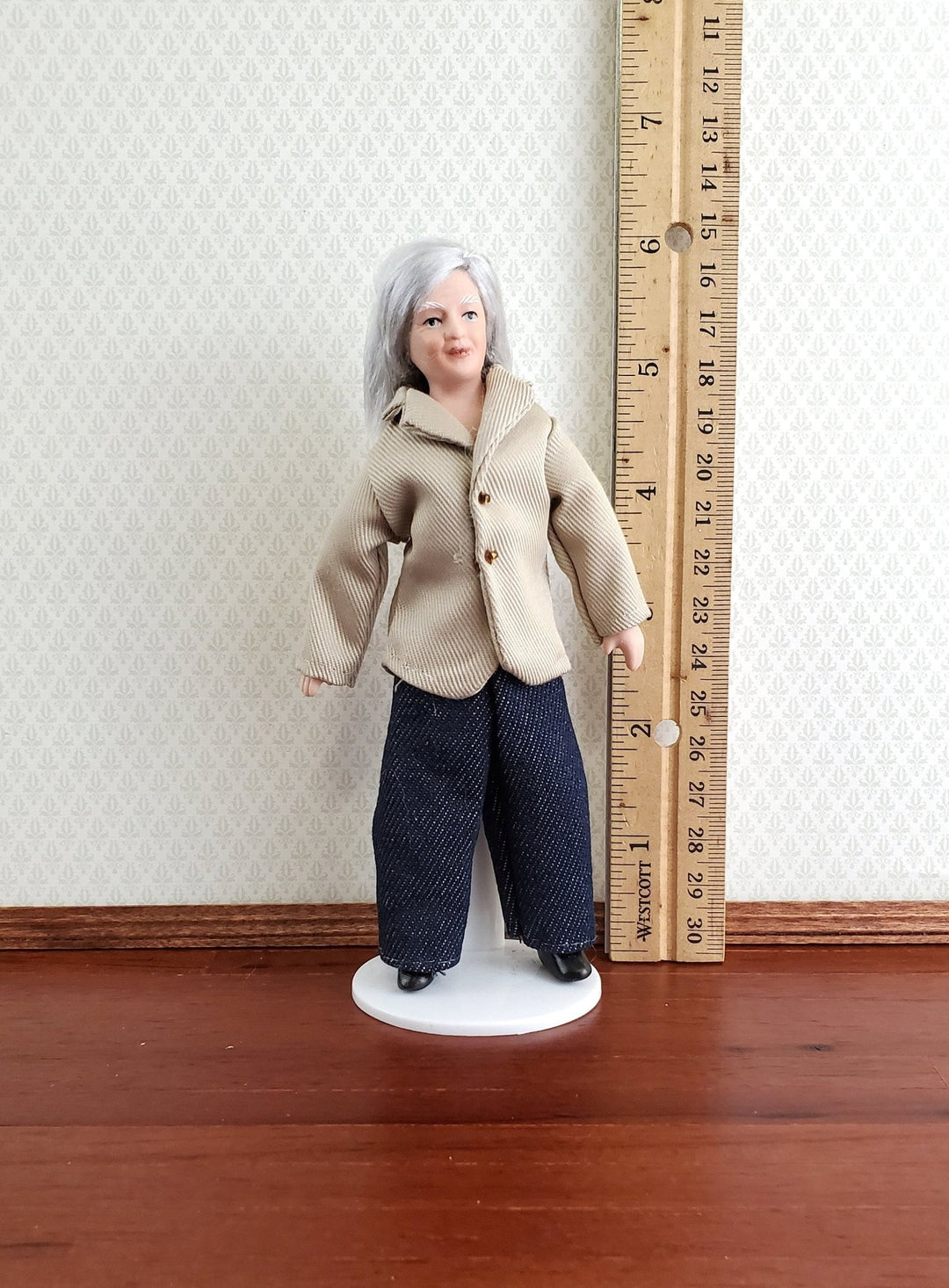 Dollhouse Miniature Grandma Porcelain Doll Modern Style with Jeans