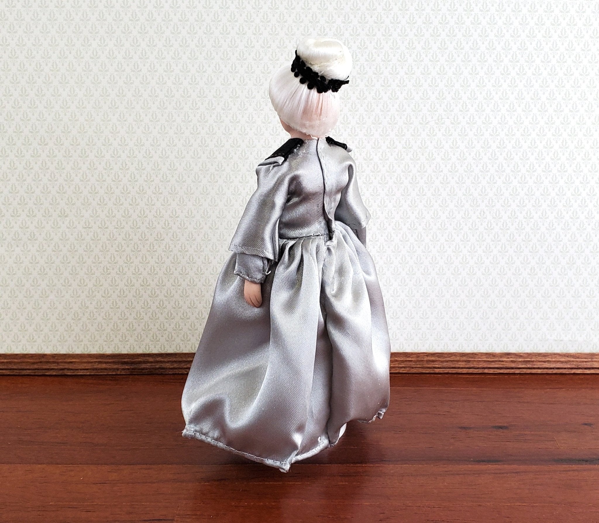 Dollhouse Miniature Grandma Porcelain Doll Victorian Silver Dress