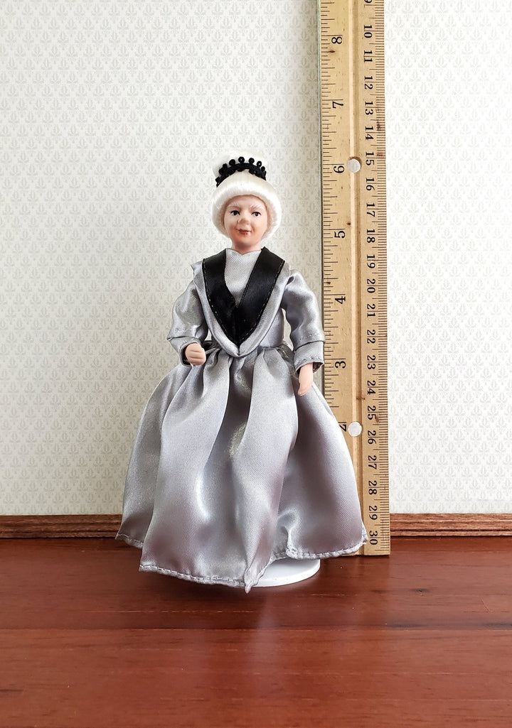 Dollhouse Miniature Grandma Porcelain Doll Victorian Silver Dress 1:12 Scale - Miniature Crush