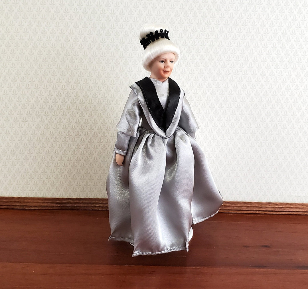 Dollhouse Miniature Grandma Porcelain Doll Victorian Silver Dress 1:12 Scale - Miniature Crush