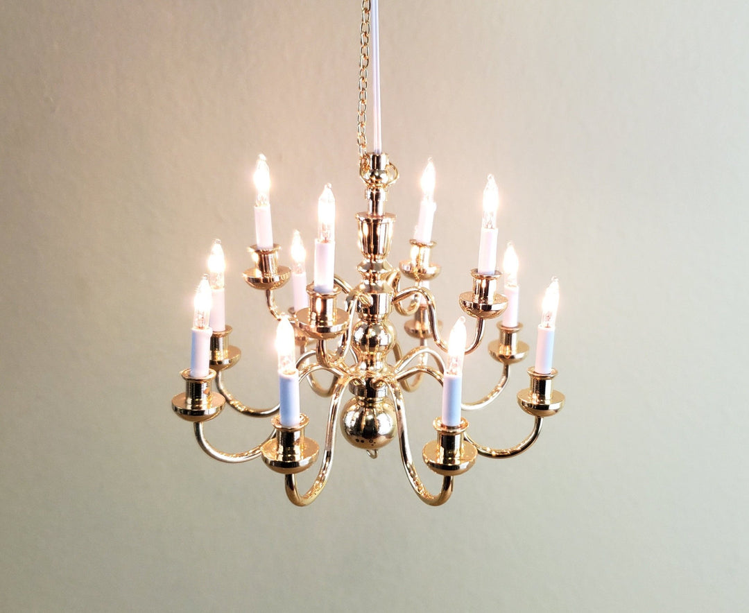 Dollhouse Miniature Hanging Chandelier Large 12 Arm Candle 12 Volt Electric GOLD 1:12 or 1/6 Scale - Miniature Crush
