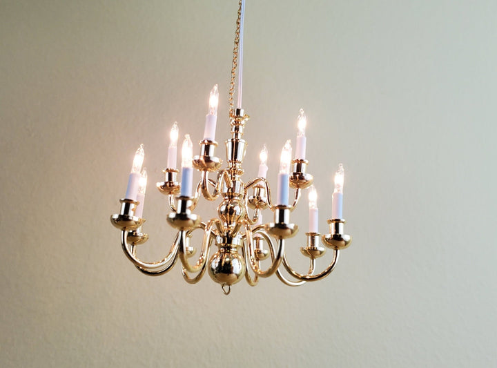 Dollhouse Miniature Hanging Chandelier Large 12 Arm Candle 12 Volt Electric GOLD 1:12 or 1/6 Scale - Miniature Crush