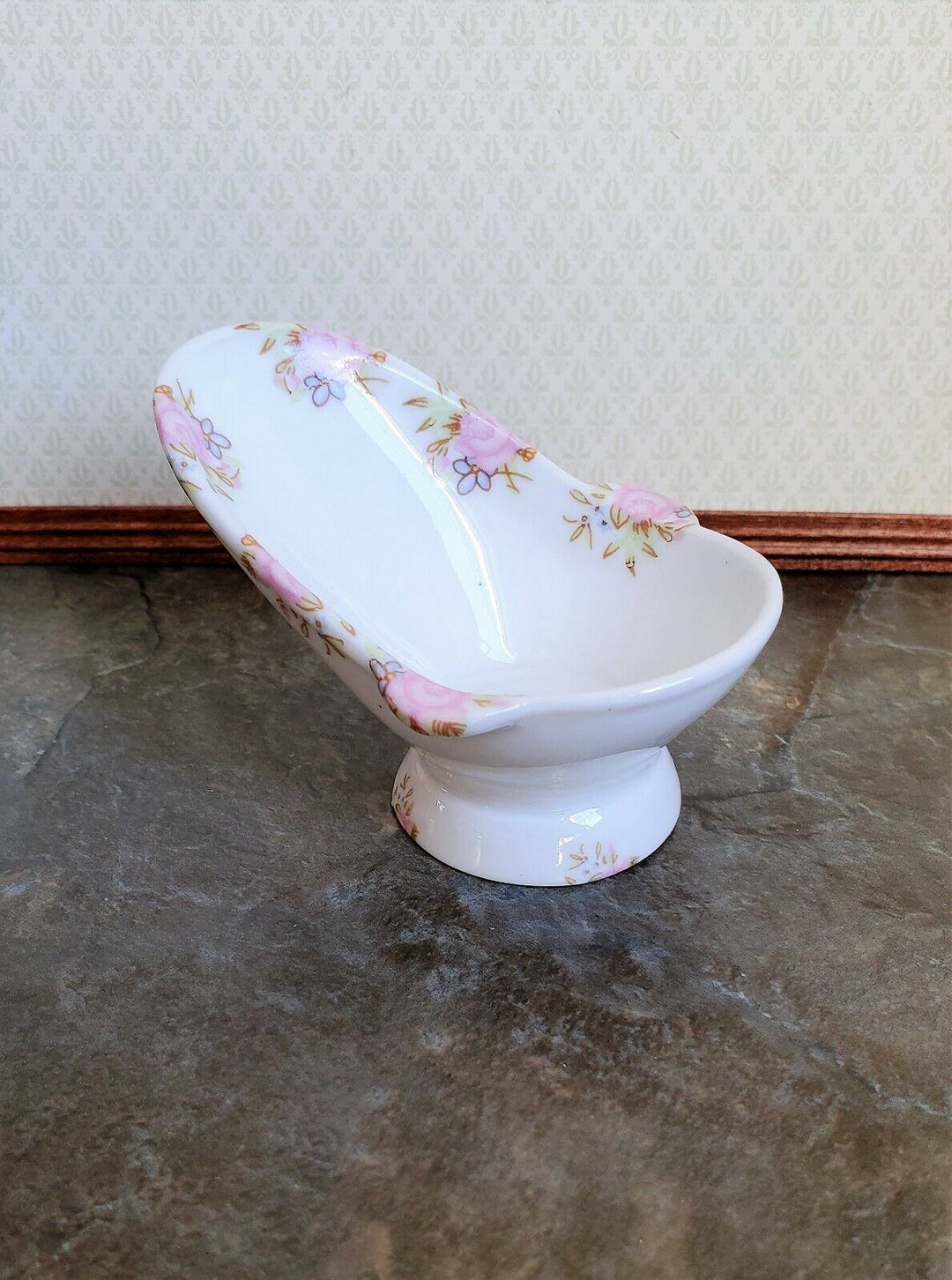 Dollhouse Miniature Hip Bathtub Ceramic Tub Small Pink Floral Design 1:12 Scale - Miniature Crush