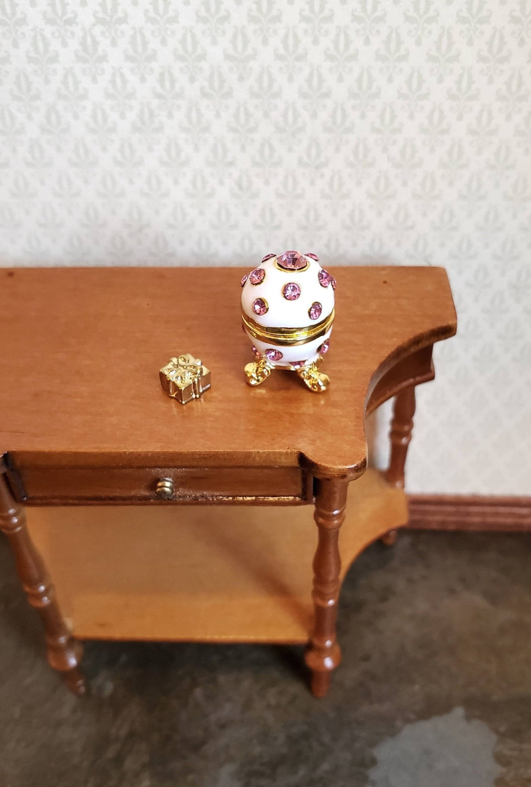 Dollhouse Miniature Jeweled Imperial Egg Opens with Gold Gift Inside 1:12 Scale - Miniature Crush