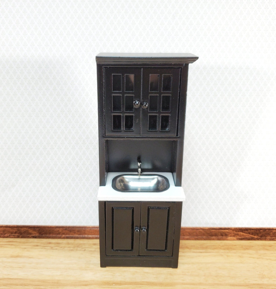 Dollhouse Miniature Kitchen Cabinet Tall with Sink 1:12 Scale Furniture Black Finish - Miniature Crush