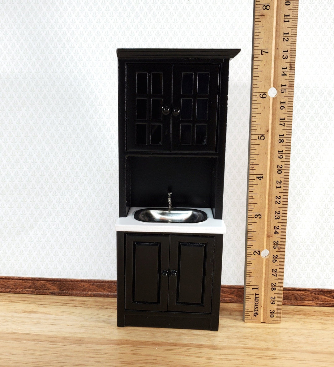 Dollhouse Miniature Kitchen Cabinet Tall with Sink 1:12 Scale Furniture Black Finish - Miniature Crush
