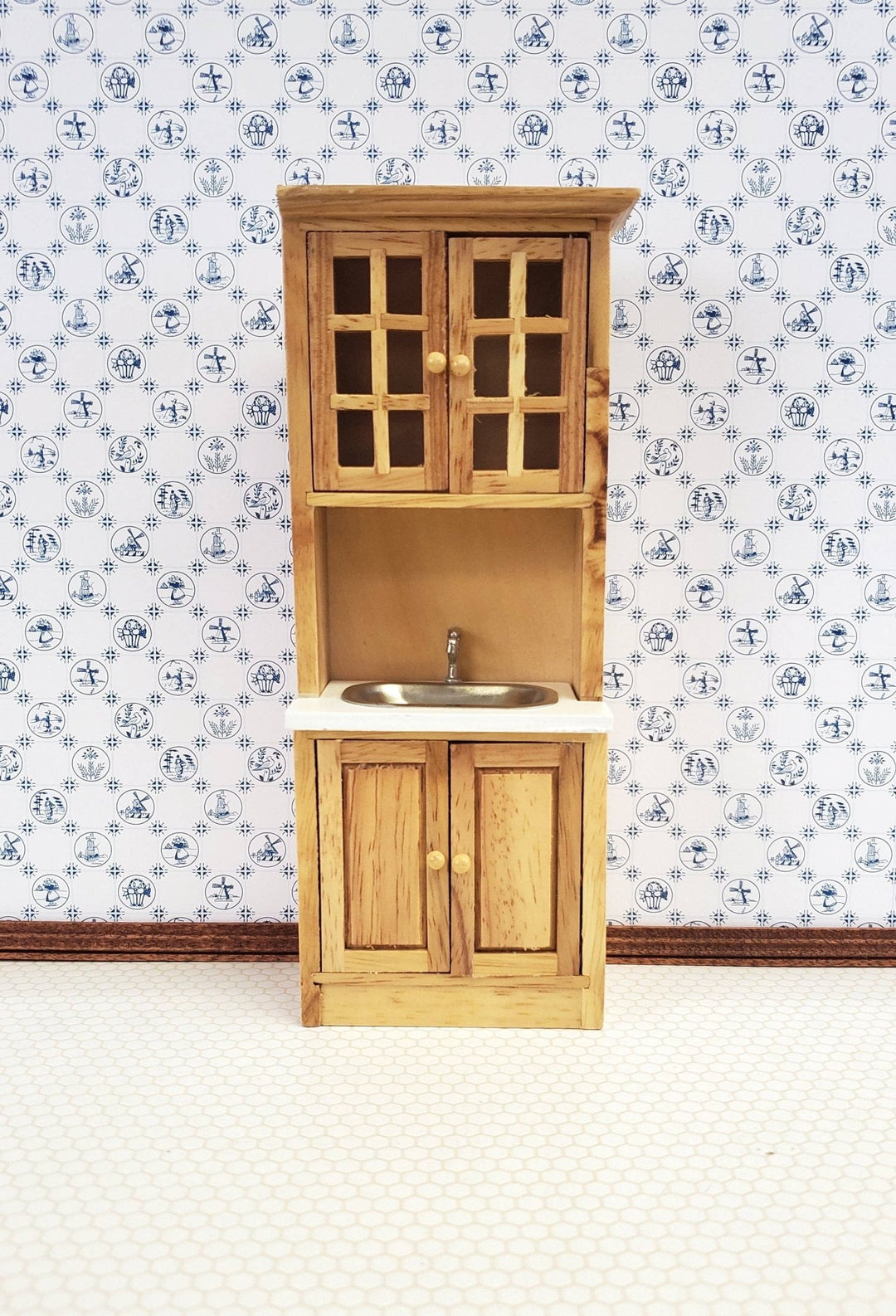 Dollhouse Miniature Kitchen Cabinet Tall with Sink Scale Furniture Light Oak - Miniature Crush