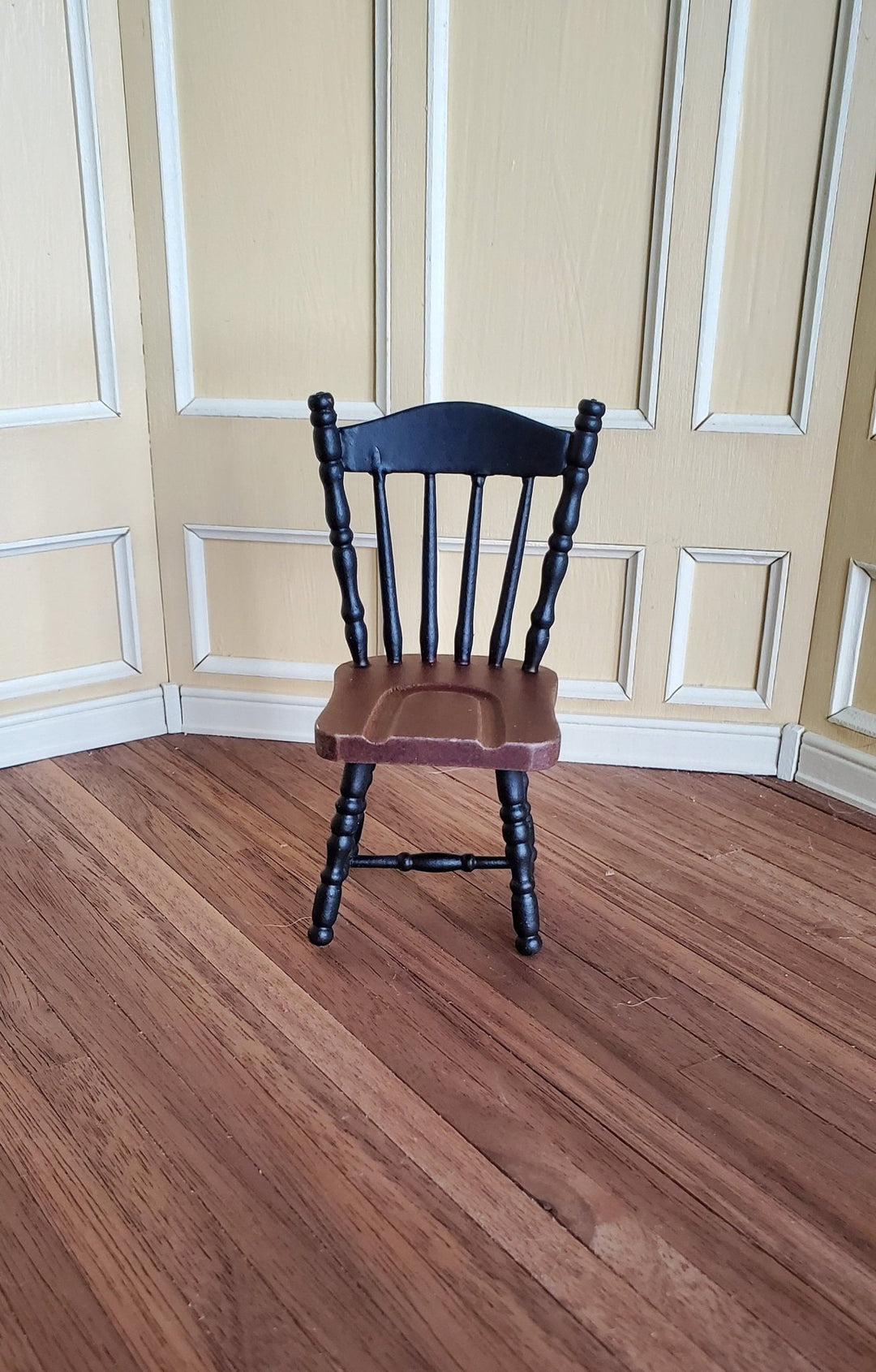 Dollhouse Miniature Kitchen Chair Black & Dark Walnut Spindle Back 1:12 Scale - Miniature Crush
