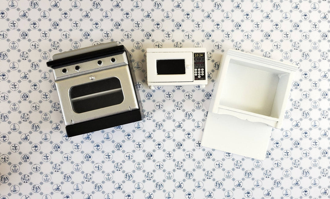 Dollhouse Miniature Kitchen Oven & Microwave Cabinet Modern 1:12 Scale White Black - Miniature Crush