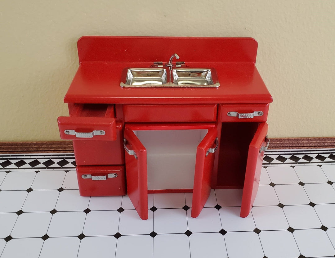 Dollhouse Miniature Kitchen Sink with Cabinet 1950s Retro Style RED 1:12 Scale - Miniature Crush