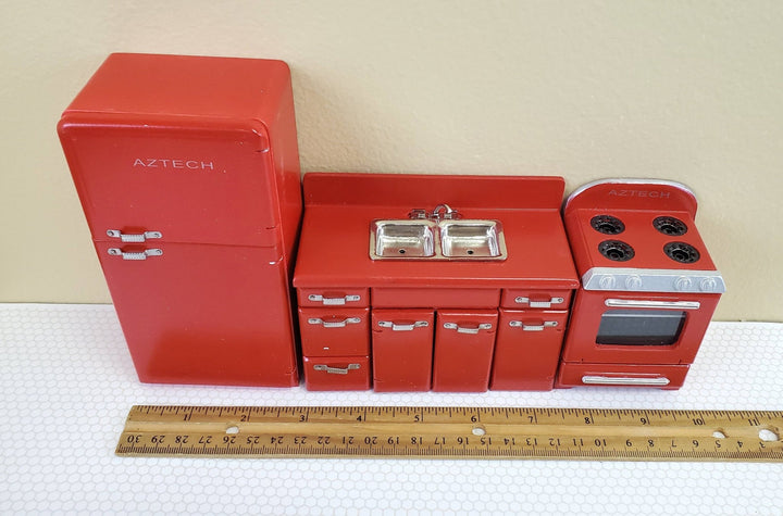 Dollhouse Miniature Kitchen Wall Set Fridge Sink Stove Oven 1:12 Scale Red - Miniature Crush