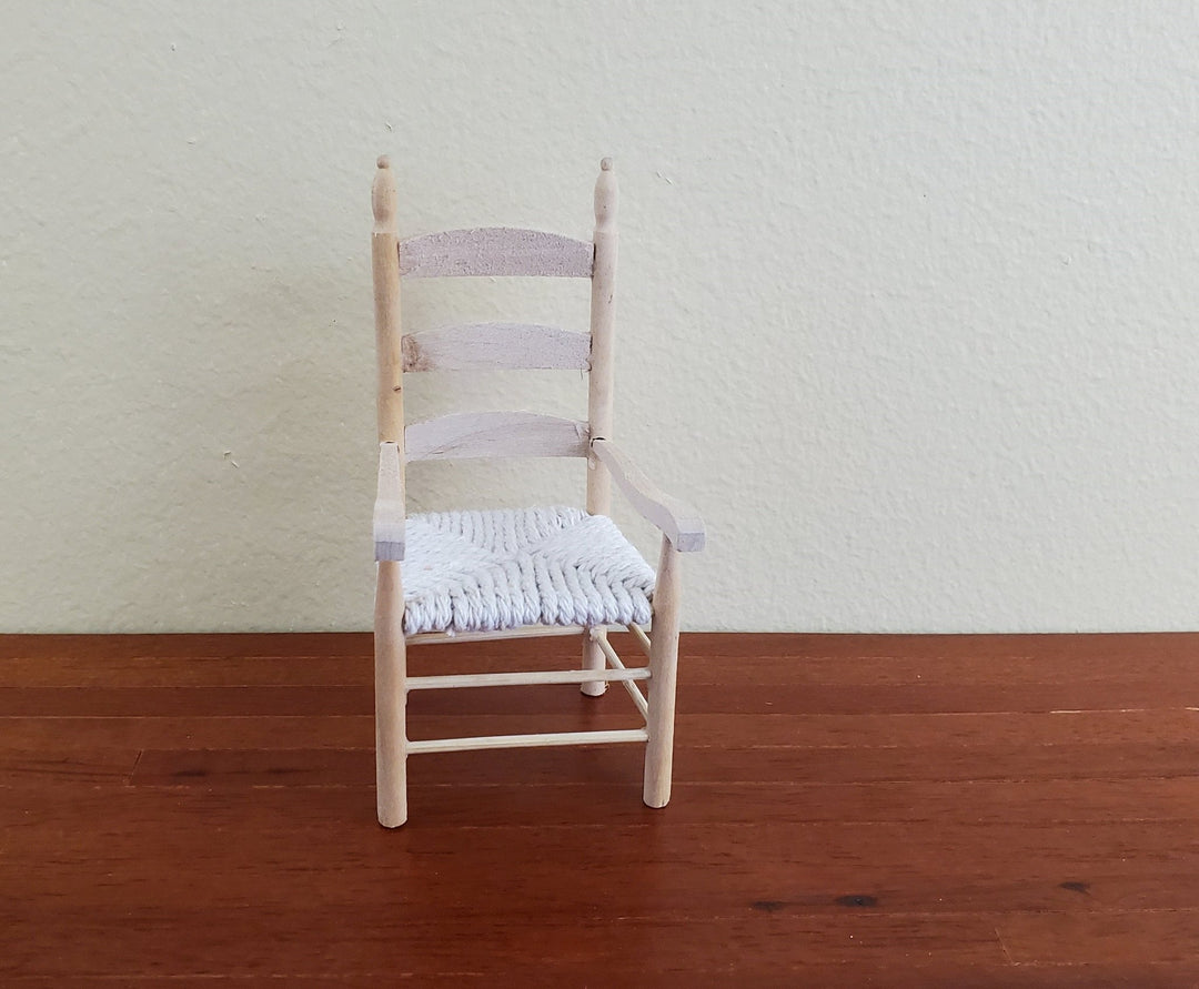 Dollhouse Miniature Ladderback Arm Chair with Rush Seat for Kitchen or Dining Room 1:12 Scale Barewood - Miniature Crush