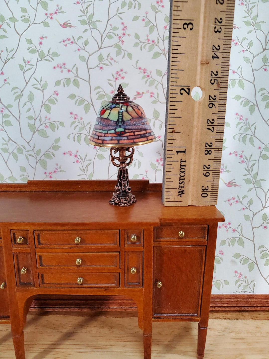 Dollhouse Miniature Lamp Non-Working Stained Glass Style Dragonfly Reutter Porcelain 1:12 Scale - Miniature Crush