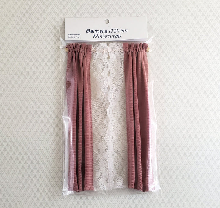 Dollhouse Miniature Long Curtains with Lace Dusty Rose with Rod 1:12 Scale Handmade - Miniature Crush