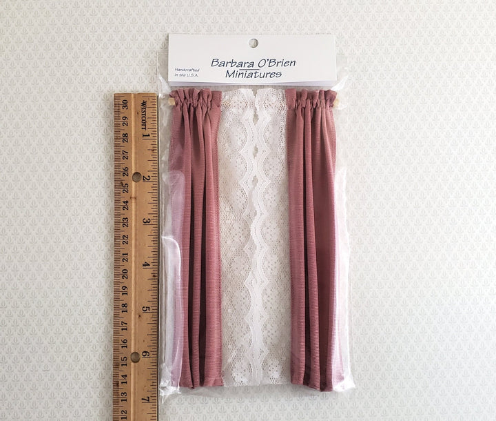 Dollhouse Miniature Long Curtains with Lace Dusty Rose with Rod 1:12 Scale Handmade - Miniature Crush