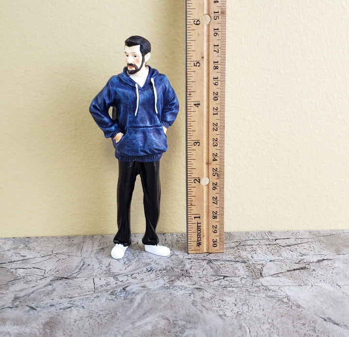 Dollhouse Miniature Man Modern Father Dad Standing Beard Blue Hoodie 1:12 Scale - Miniature Crush