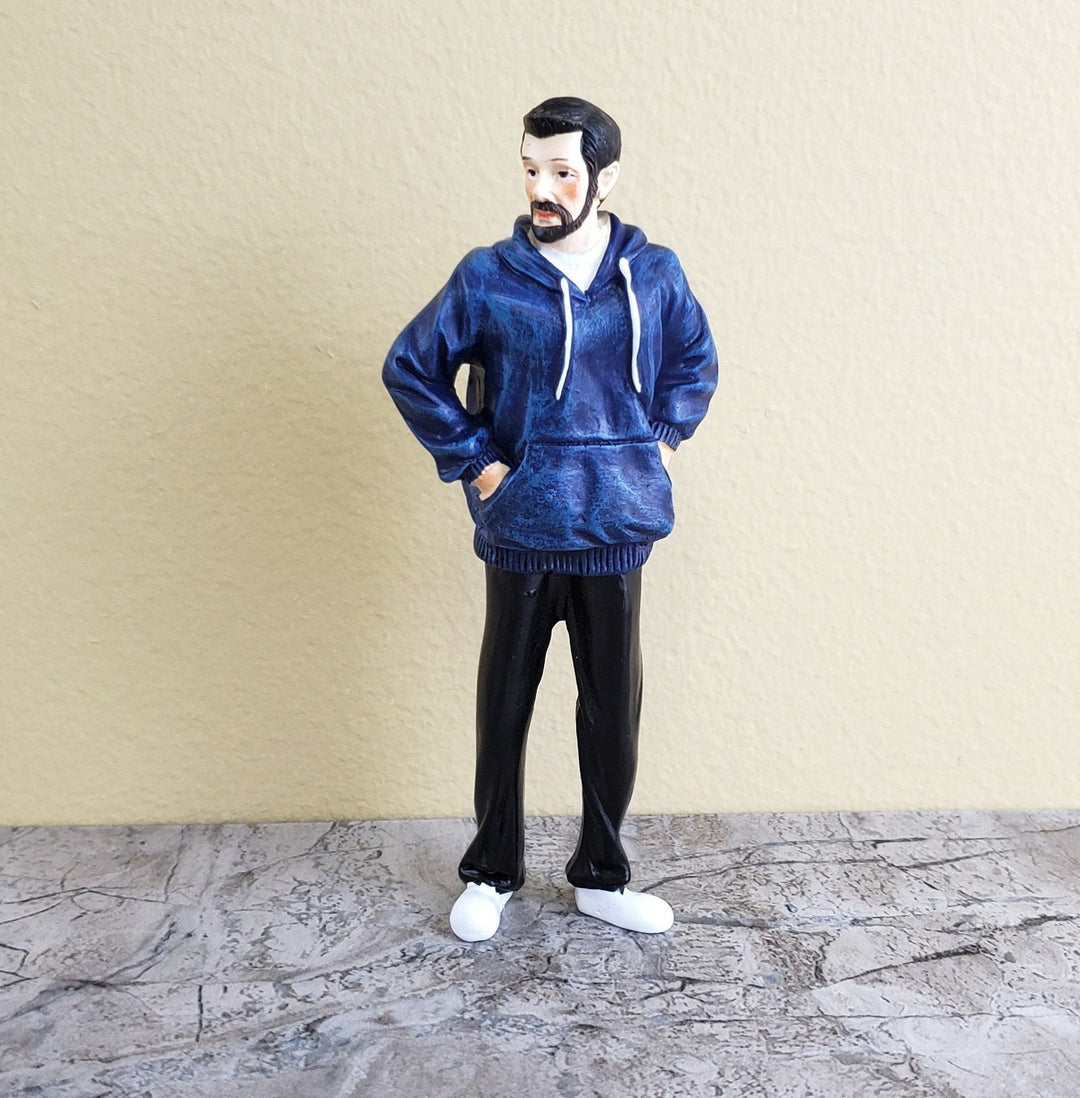 Dollhouse Miniature Man Modern Father Dad Standing Beard Blue Hoodie 1:12 Scale - Miniature Crush