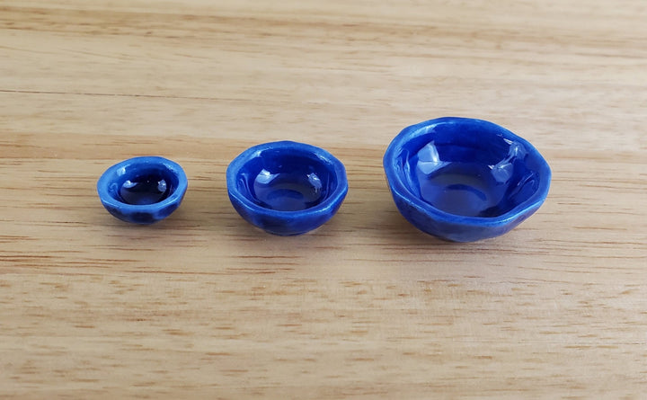 Dollhouse Miniature Mixing Bowls Set of 3 Nesting Cobalt Blue Ceramic 1:12 Scale - Miniature Crush