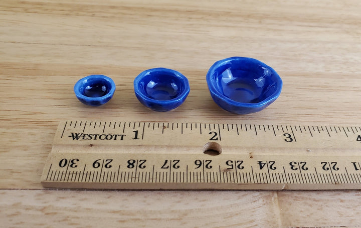 Dollhouse Miniature Mixing Bowls Set of 3 Nesting Cobalt Blue Ceramic 1:12 Scale - Miniature Crush