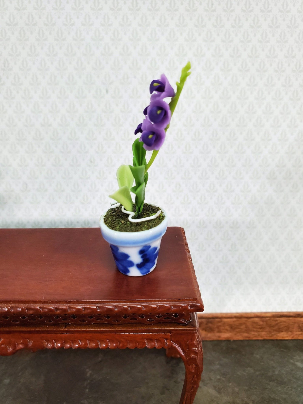 Dollhouse Miniature Orchid Purple Spike Flowering Plant in Ceramic Pot 1:12 Scale - Miniature Crush