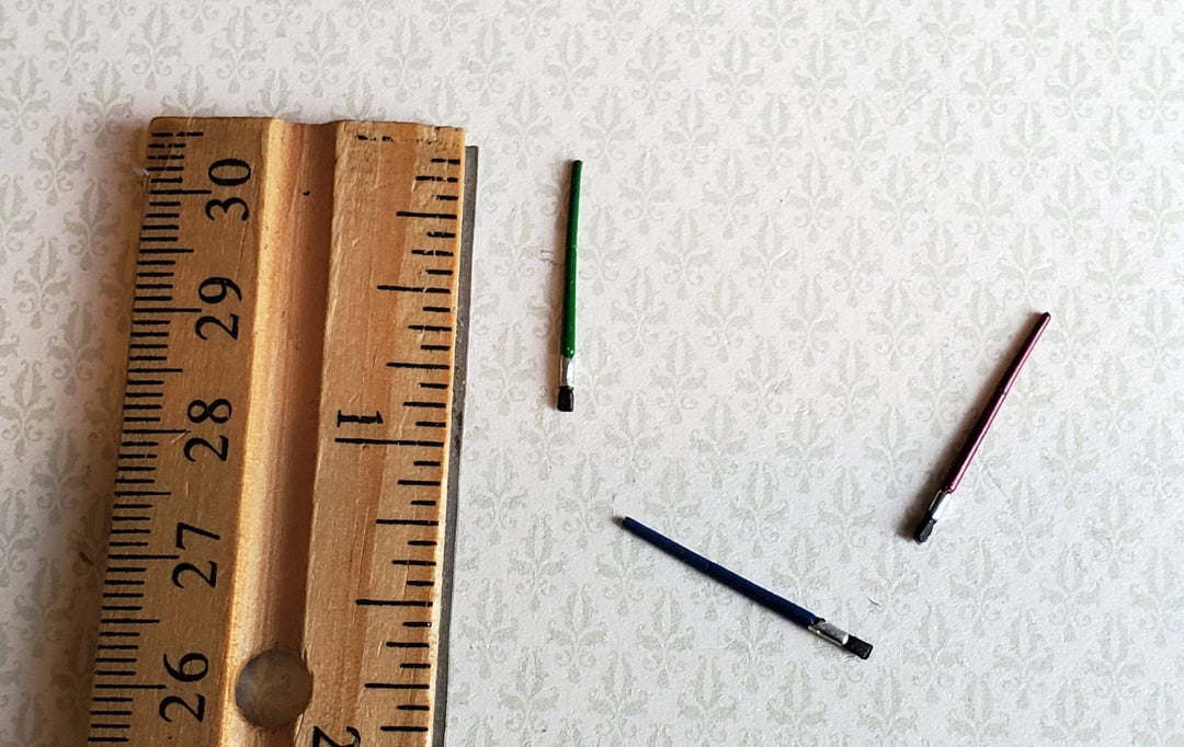 Dollhouse Miniature Paint Brushes x3 1:12 Scale Painted Metal Red Green Blue - Miniature Crush