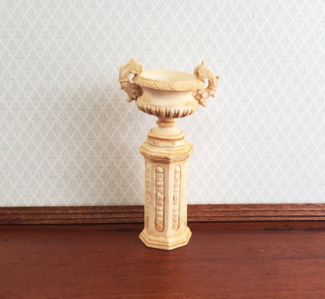 Dollhouse Miniature Pedestal Plant Stand w/ 2 Handled Urn Cast Resin 1:12 Scale Aged Tan - Miniature Crush