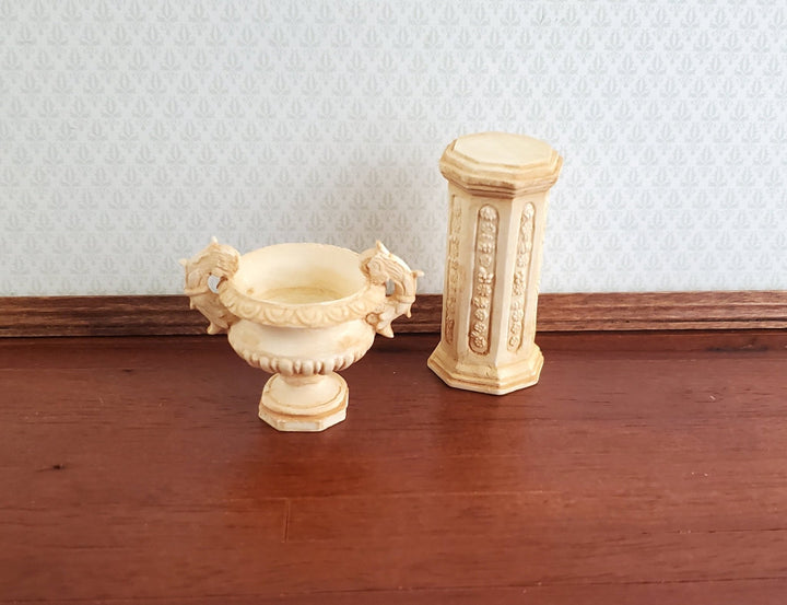 Dollhouse Miniature Pedestal Plant Stand w/ 2 Handled Urn Cast Resin 1:12 Scale Aged Tan - Miniature Crush