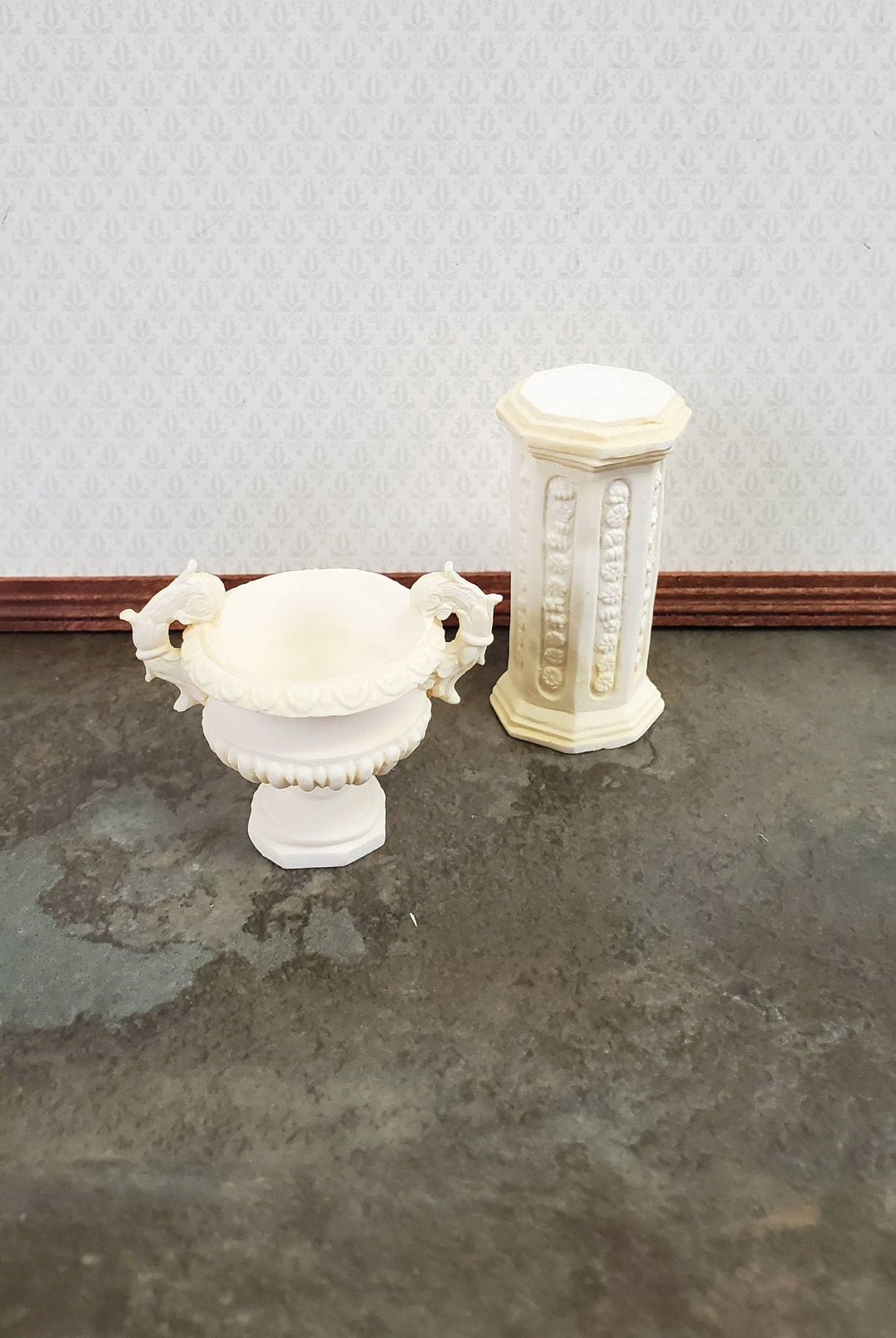 Dollhouse Miniature Pedestal Plant Stand w/ 2 Handled Urn Cast Resin 1:12 Scale Ivory - Miniature Crush