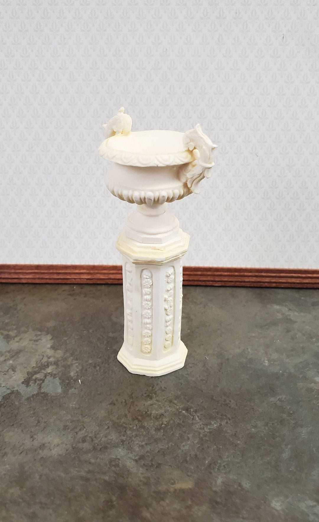 Dollhouse Miniature Pedestal Plant Stand w/ 2 Handled Urn Cast Resin 1:12 Scale Ivory - Miniature Crush