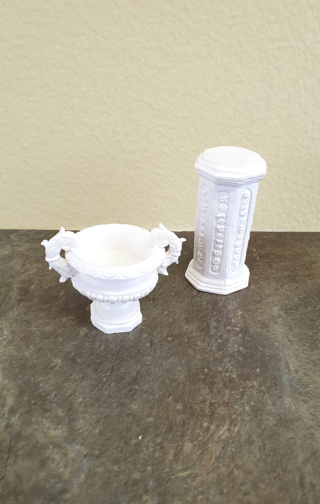 Dollhouse Miniature Pedestal Plant Stand w/ 2 Handled Urn Cast Resin 1:12 Scale White - Miniature Crush