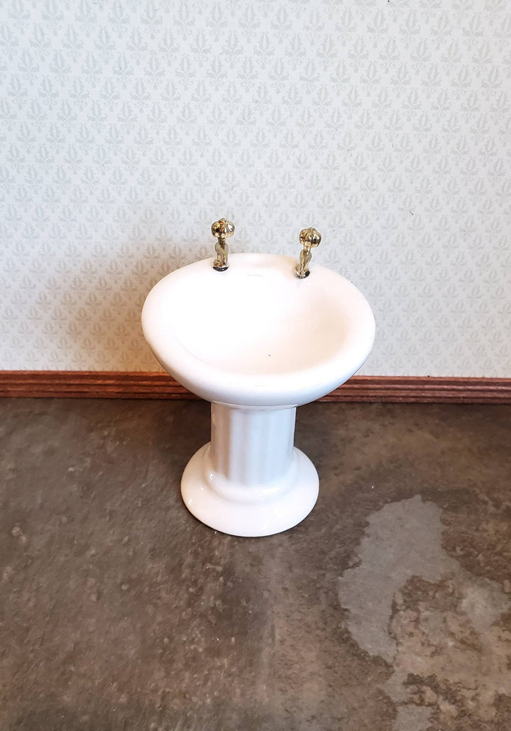 Dollhouse Miniature Pedestal Sink Bathroom White Ceramic Gold Handles 1:12 Scale - Miniature Crush