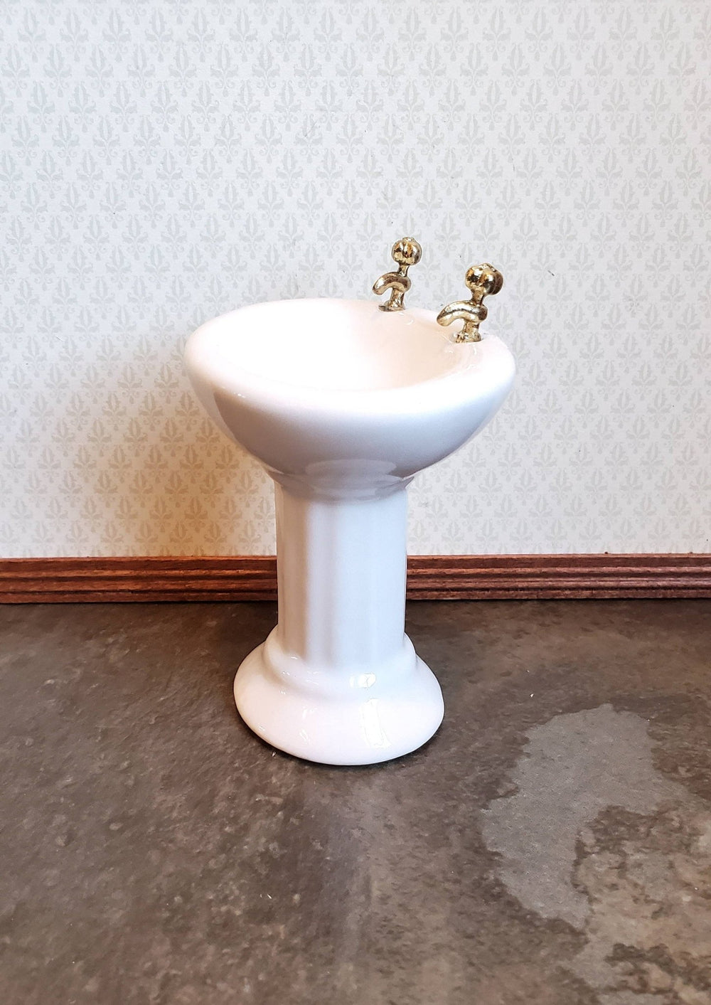 Dollhouse Miniature Pedestal Sink Bathroom White Ceramic Gold Handles 1:12 Scale - Miniature Crush