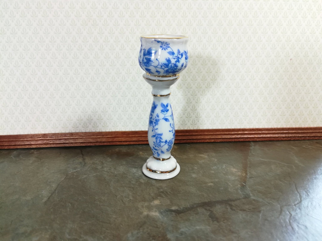 Dollhouse Miniature Pedestal with Vase Jardiniere 1:12 Scale Glass Ceramic Blue and White Floral - Miniature Crush