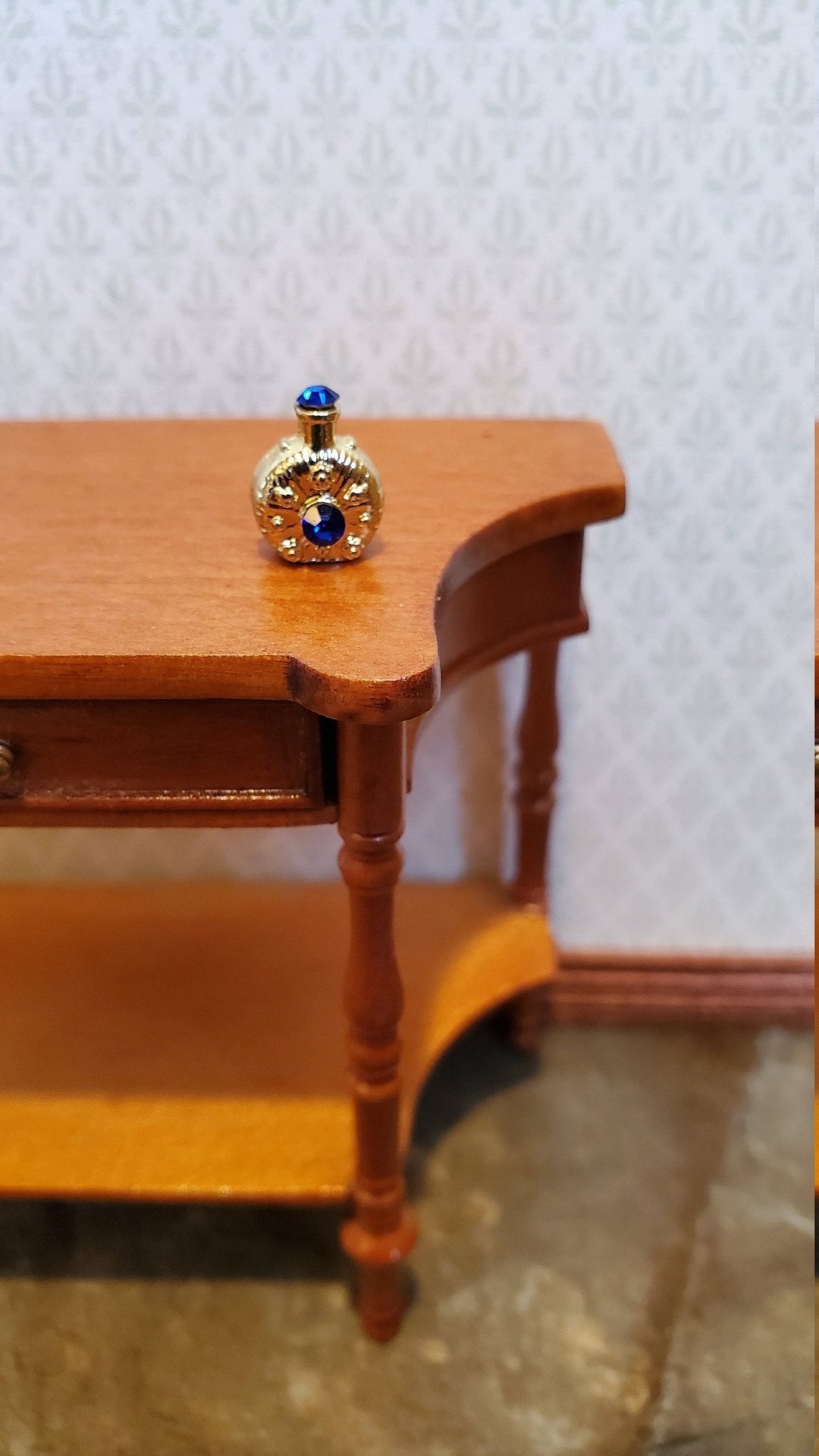 Dollhouse Miniature Perfume Bottle Jeweled Gold & Blue 1:12 Scale Vanity Accessories - Miniature Crush