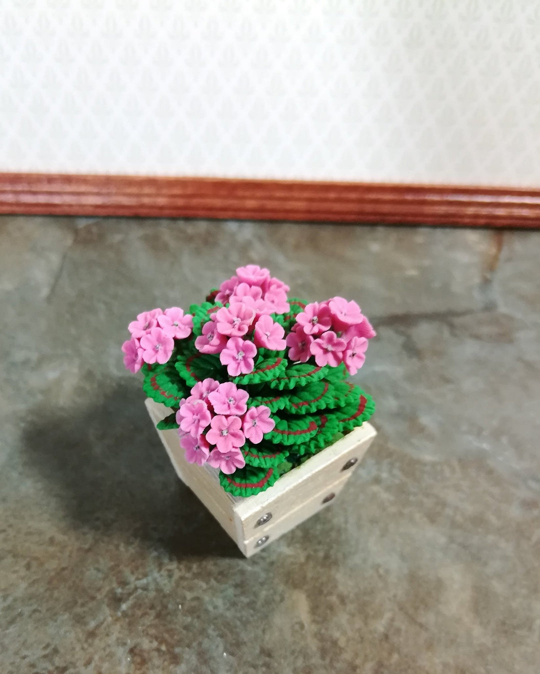 Dollhouse Miniature Pink Geraniums in Wood Flower Planter Box 1:12 Scale - Miniature Crush