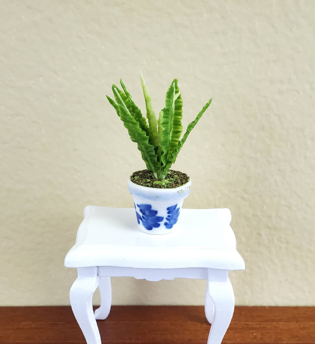 Dollhouse Miniature Plant Broadleaf Fern in Blue & White Ceramic Pot 1:12 Scale - Miniature Crush