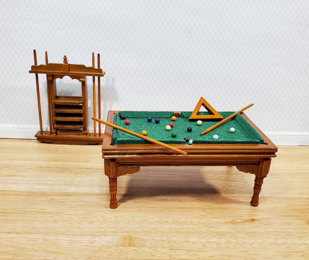 Dollhouse Miniature Pool Table Large with Cue Rack 1:12 Scale Walnut Finish - Miniature Crush